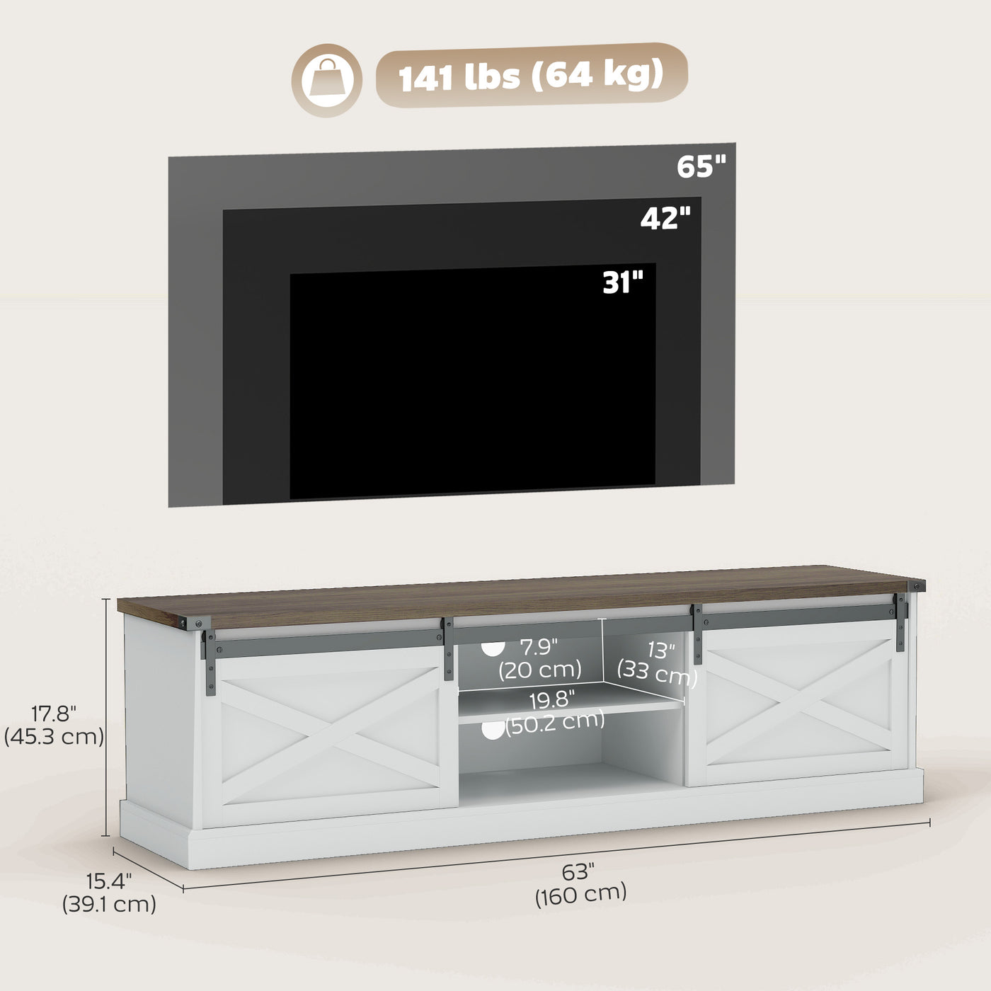 TV Stand for TVs up to 65 Inch, Entertainment Center with Shelves, Cabinets, Sliding Barn Doors, Thick Top, White