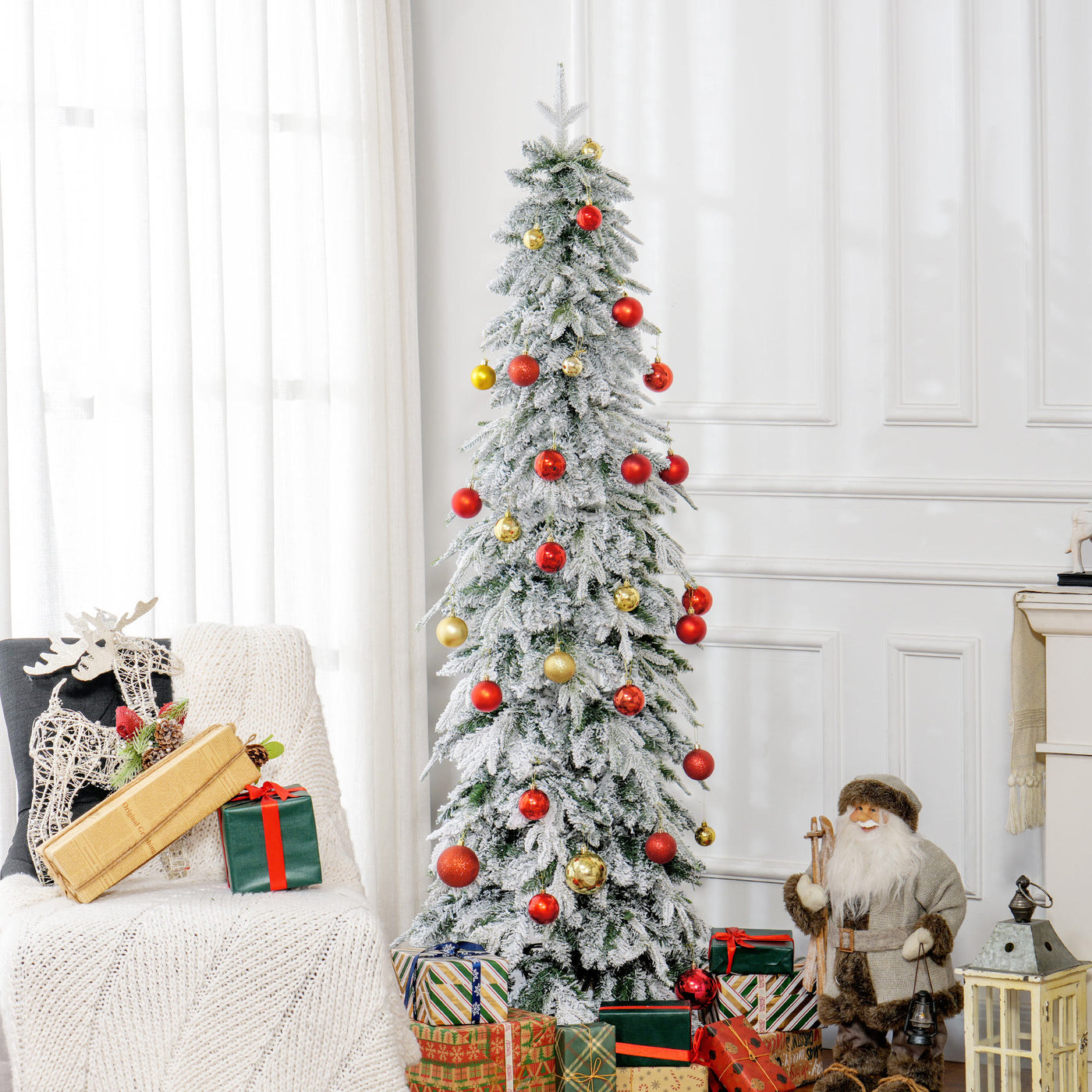 6ft Pencil Flocked Artificial Christmas Tree with 600 Branch Tips, Auto Open and Steel Base, Green