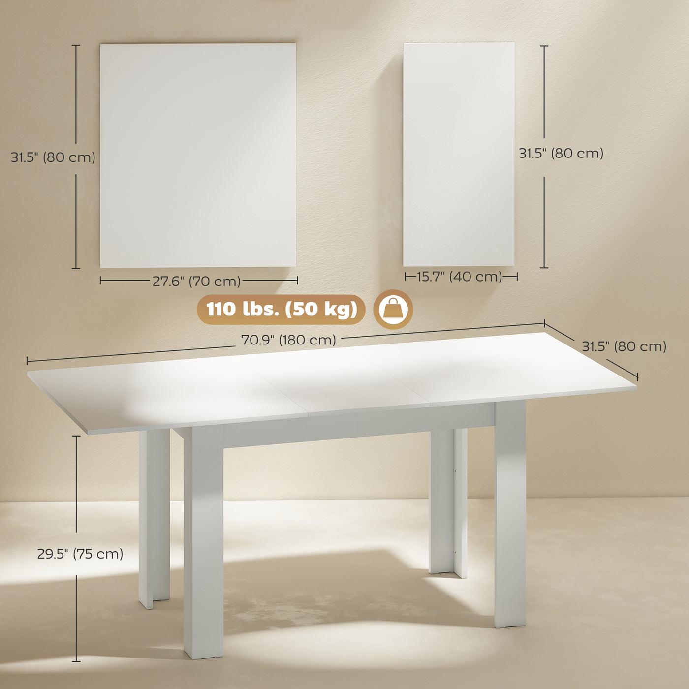 Modern Extendable Dining Table, 55.1 x 31.5 in, for 6-8 People, Expandable Dining Table for Kitchen, White
