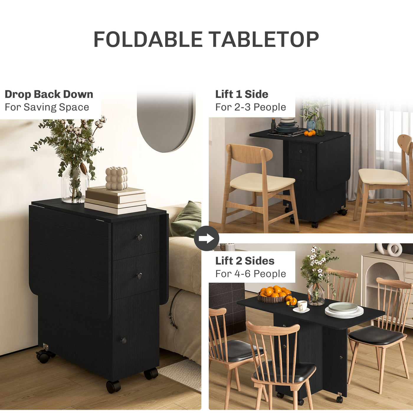Drop Leaf Dining Table, Mobile Folding Table on Wheels with Drawers and Cabinet for Dining Room, Kitchen, Black