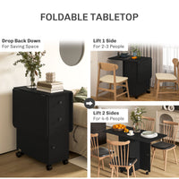 Drop Leaf Dining Table, Mobile Folding Table on Wheels with Drawers and Cabinet for Dining Room, Kitchen, Black