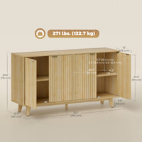 Fluted Sideboard Buffet Cabinet, 55" Coffee Bar Cabinet with 4 Doors, 2 Adjustable Shelves, 5 Wood Legs, Nature Wood