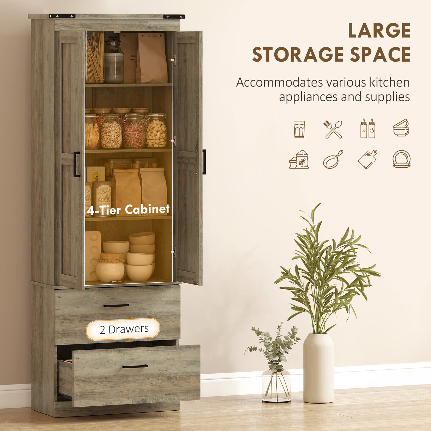 67" Tall Kitchen Pantry Storage Cabinet, Kitchen Pantry Cabinet with Doors, Drawers and Adjustable Shelves, Light Ivory