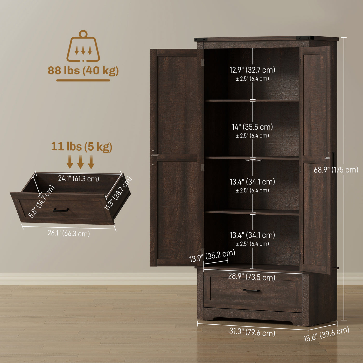 69" Tall Farmhouse Kitchen Pantry Cabinet with 2 Doors, Drawer and Adjustable Shelves, Dark Brown
