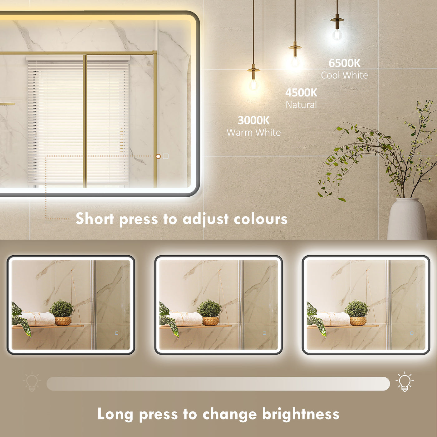 36" x 28" Bath Mirror with LED Lights, Wall Mounted Restroom Mirror, 3 Colours, Dimmable, Horizontal/Vertical, Black