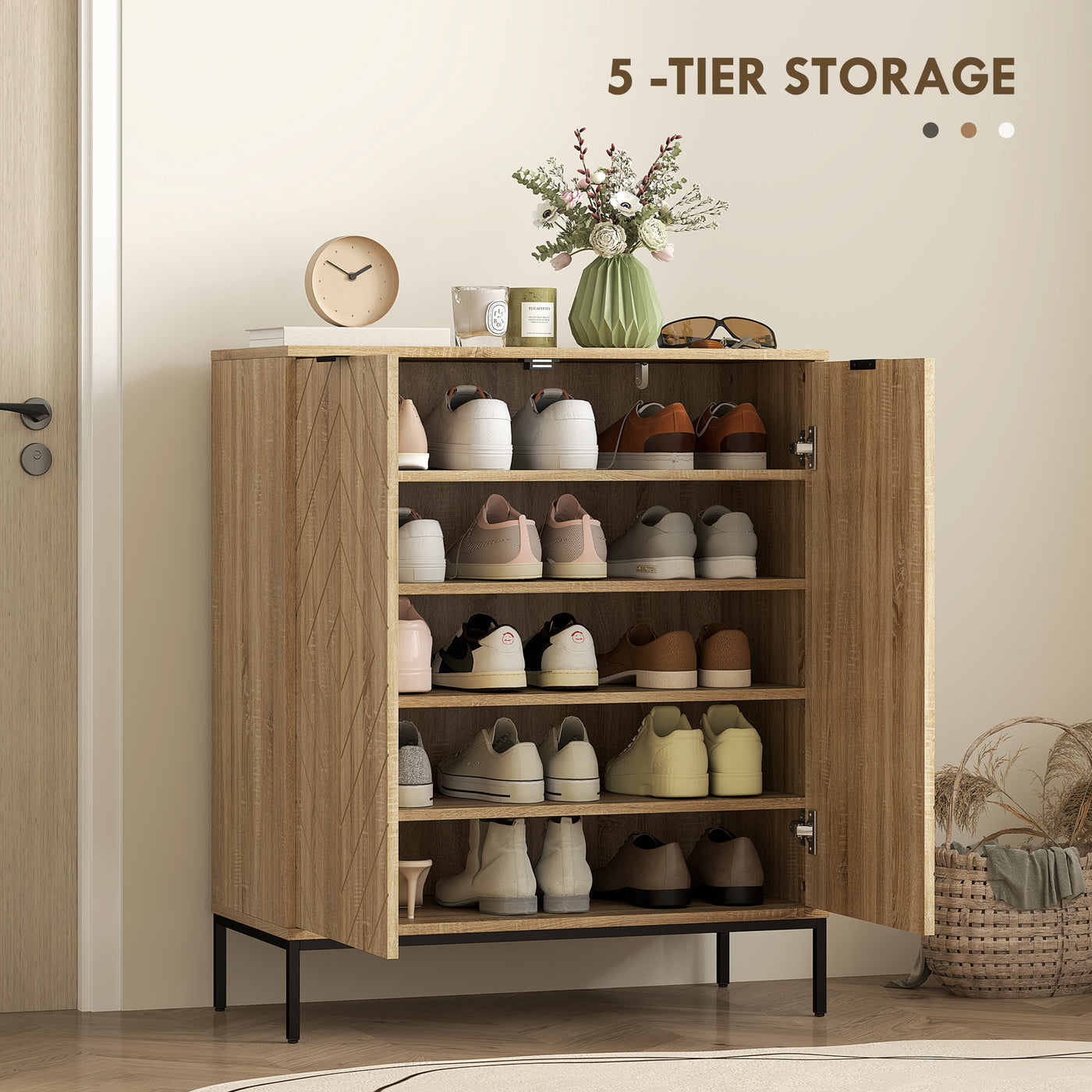 Shoe Storage Cabinet for 15 Pairs, Freestanding Shoe Cabinet with Doors and Adjustable Shelves for Hallway, Oak