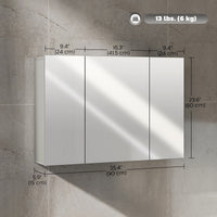 35" x 24" Wall Mounted Mirror Cabinet, Bathroom Medicine Cabinet with Mirror, 3 Doors and Adjustable Shelves, Grey