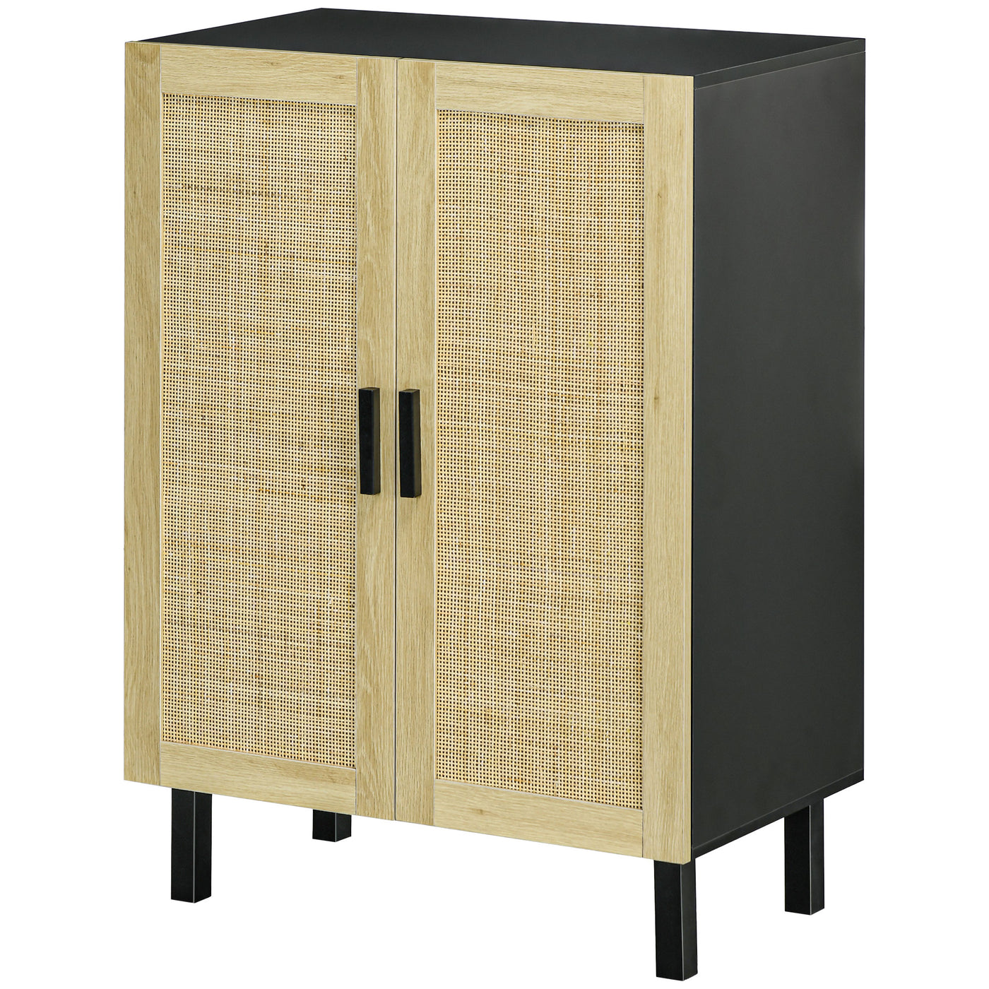 Boho Sideboard, Buffet Cabinet with Storage, Accent Cabinet with 2 Rattan Doors and Adjustable Shelves, Black