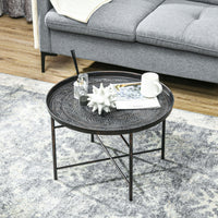 Vintage Coffee Table for Living Room, 24" Round Center Table with Hammered Tray Top and Metal Frame, Pewter