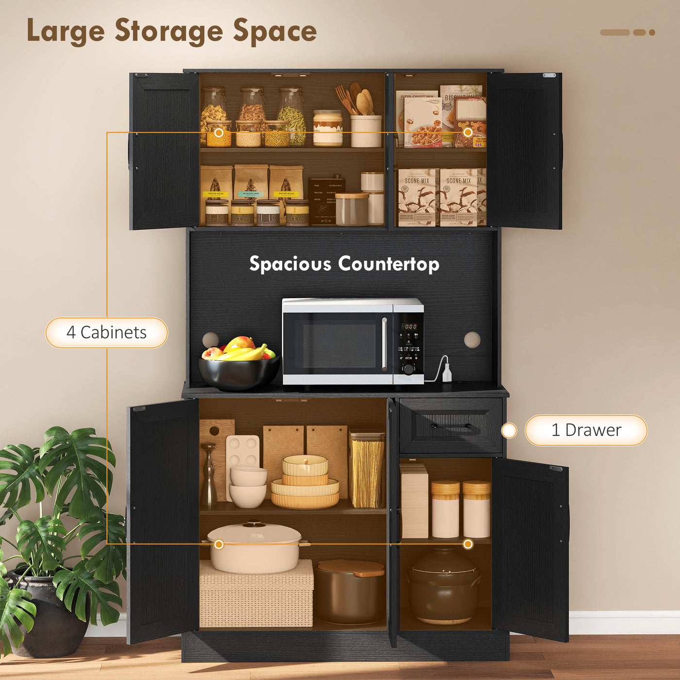 71" Pantry Cabinet with Charging Station, Kitchen Storage Cabinet with Microwave Stand, Adjustable Shelves, Black
