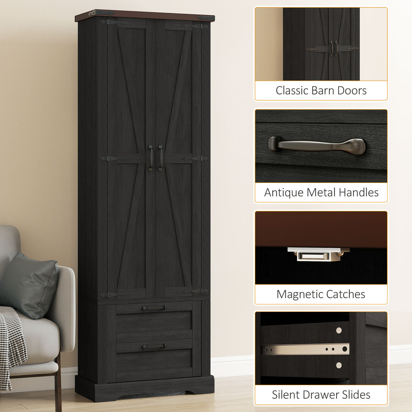 71" Tall Kitchen Pantry Cabinet, Farmhouse Kitchen Storage Cabinet with 2 Drawer and Adjustable Shelves, Black