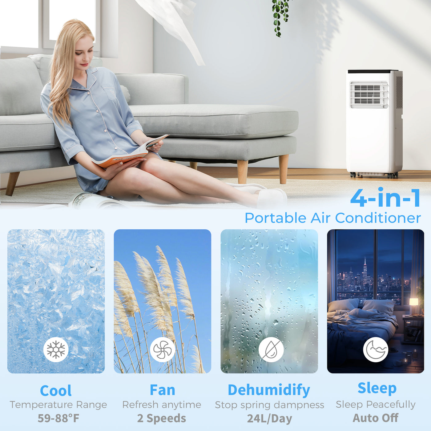 8000 BTU Portable 4-in-1 Air Conditioner with Cool, Dehumidifier, Fan, Sleep, WiFi Voice Remote Control, White