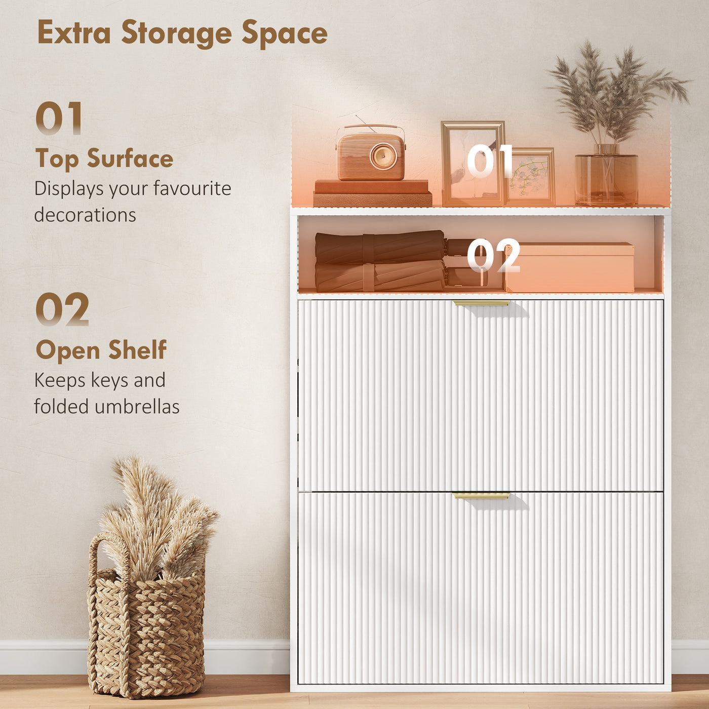 Shoe Cabinet with 2 Flip Drawers Narrow Shoe Storage Cabinet with Top Shelf for Entryway Hallway White