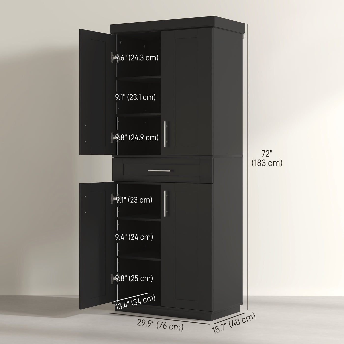 72" Storage Cabinet, Freestanding Kitchen Pantry Cabinet with 4 Doors, Drawer and 3 Adjustable Shelves, Black