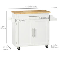 Kitchen Island with Storage, Rolling Cart Trolley with Rubberwood Top, Adjustable Shelf, Drawer, Spice Rack, White