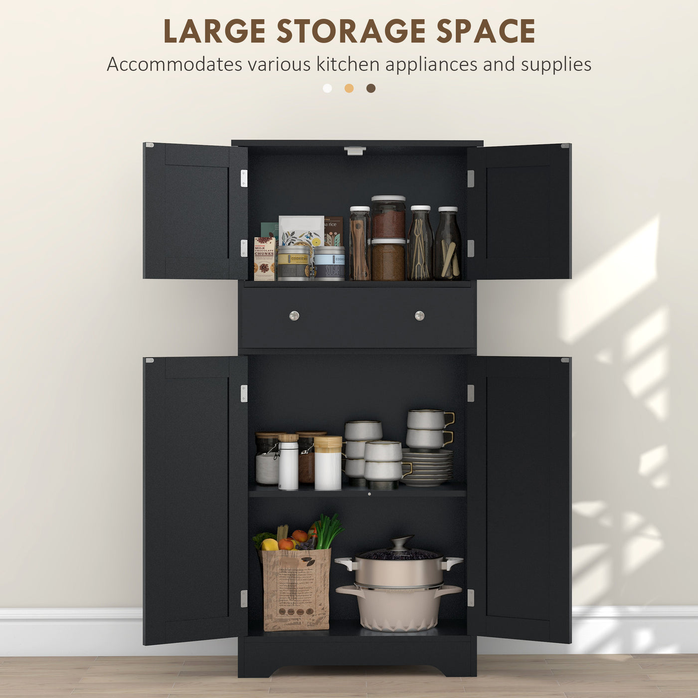 50.5" Kitchen Storage Cabinet, Modern Kitchen Pantry Cabinet with 4 Doors, Drawer, Adjustable Shelf, Black