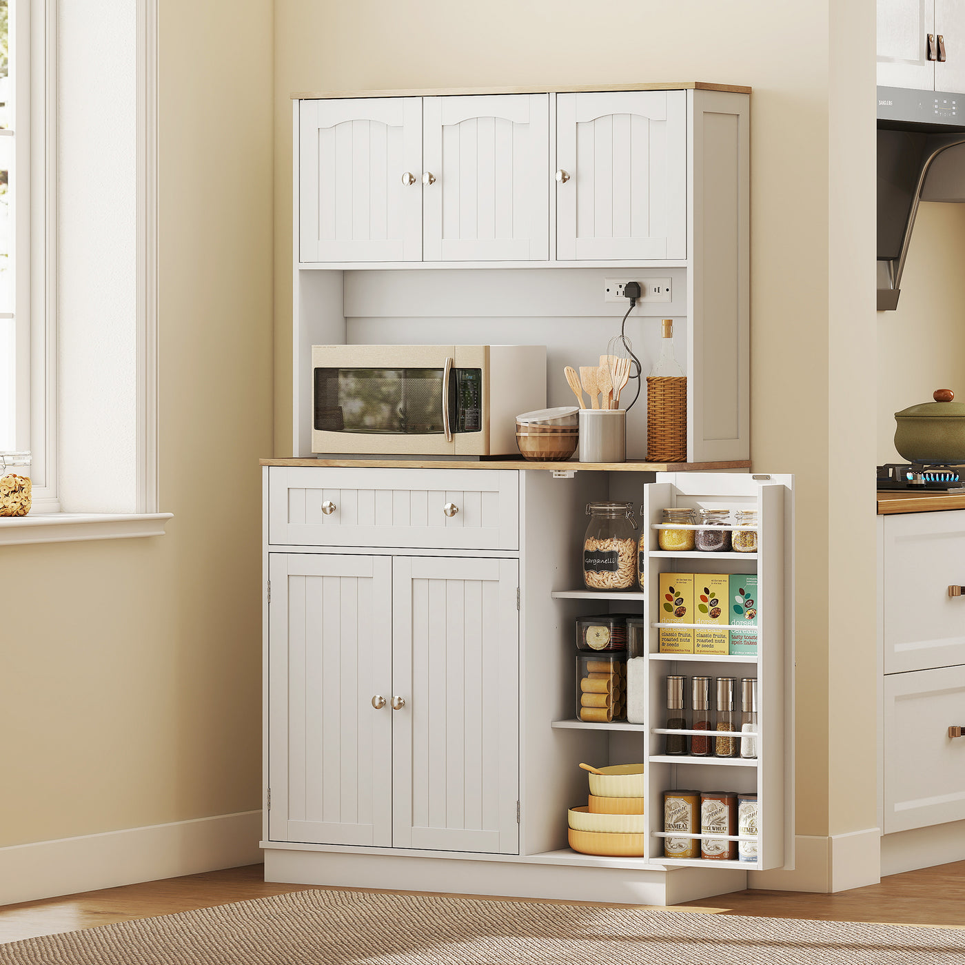 68" Pantry Cabinet with Charging Station, Kitchen Storage Cabinet with Microwave Stand, 4 Door Racks, White