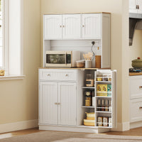 68" Pantry Cabinet with Charging Station, Kitchen Storage Cabinet with Microwave Stand, 4 Door Racks, White