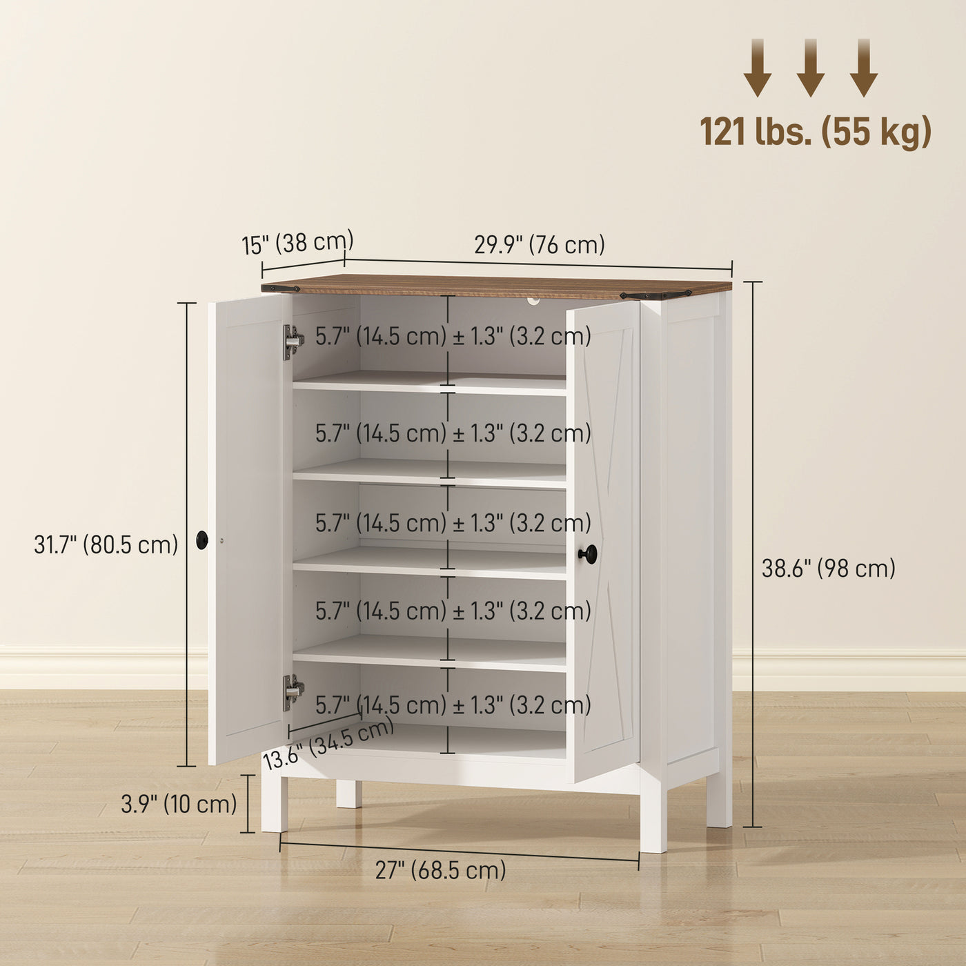 Shoe Cabinet with Barn Doors, Farmhouse Shoe Storage Cabinet with Adjustable Shelves, Holds up to 15 Pairs, White