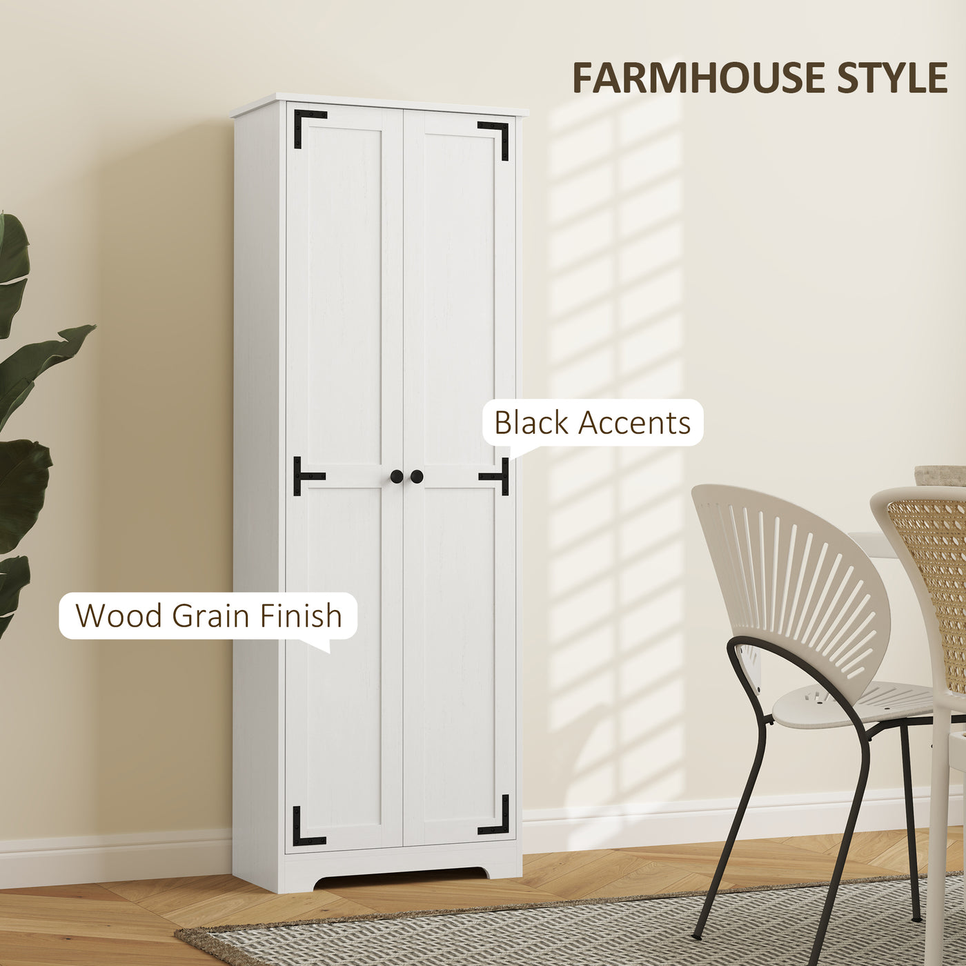 67" Farmhouse Pantry Cabinet with 2 Doors, Tall Storage Cabinet with Adjustable Shelves, Distressed White