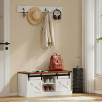 Coat Rack Shoe Bench Set 2-Piece Hall Tree Storage 4 Hooks Sliding Barn Doors White and Dk Walnut
