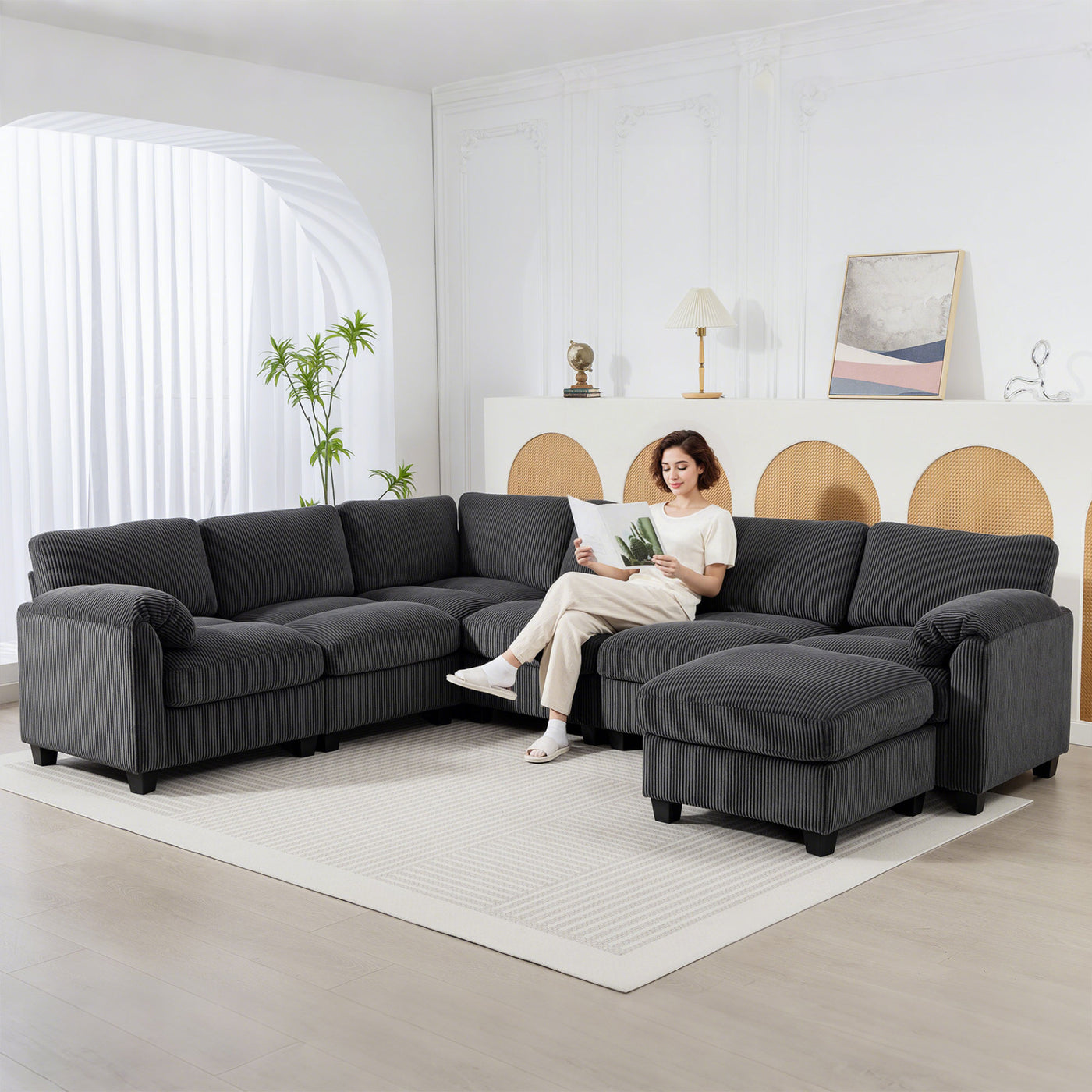 Modular Sectional Sofa, Oversized U-Shaped Couch with Spring Cushion, Corduroy Sofa for Living Room, Charcoal Grey