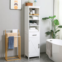 Tall Bathroom Storage Cabinet, Free Standing Bathroom Cabinet Slim Side Organizer w/ 3-Tier Open Shelf, Door, and Drawer, White