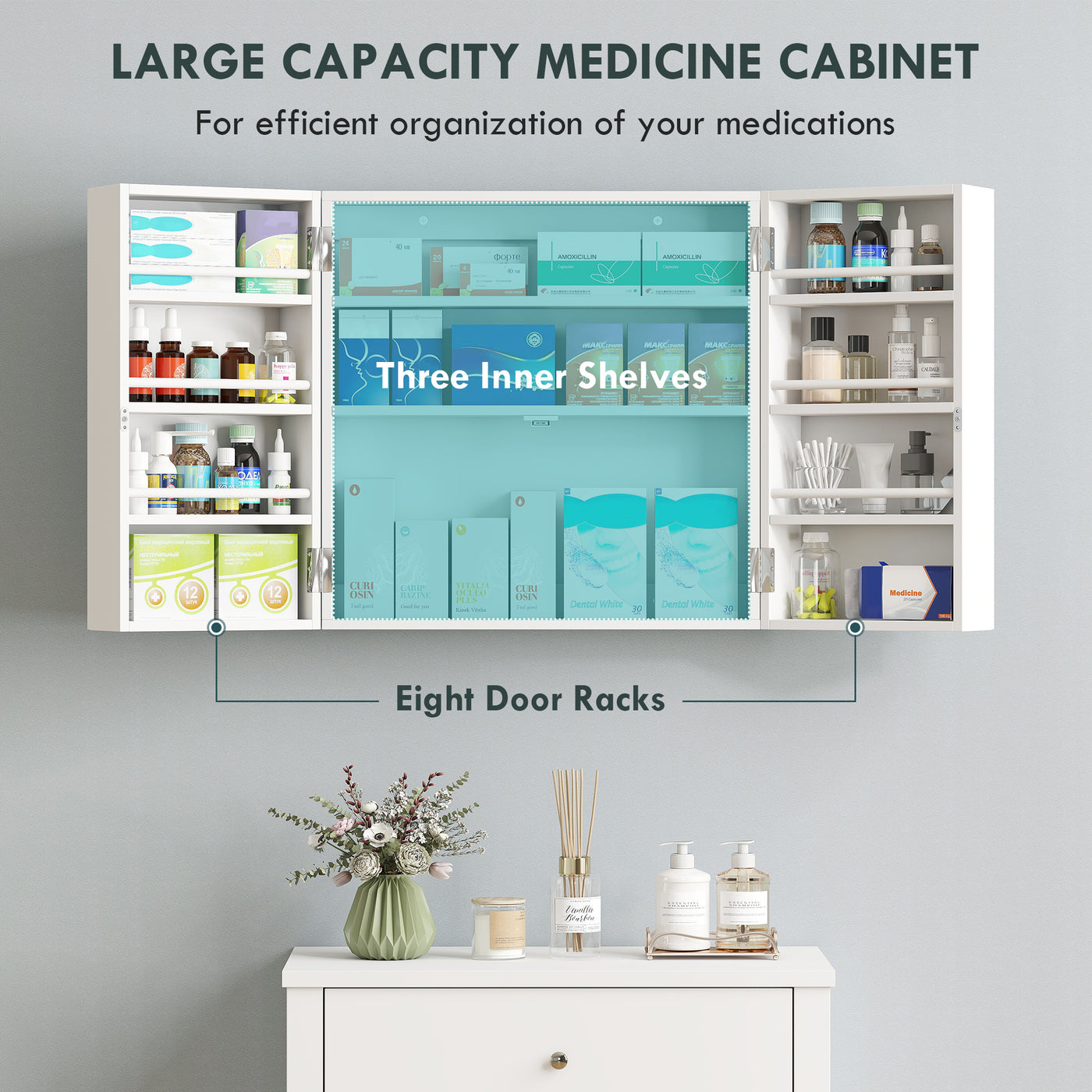 Wall Mount Medicine Cabinet, Bathroom Cabinet with 4 Tier Shelves, Lockable with 2 Keys for Kitchen, White