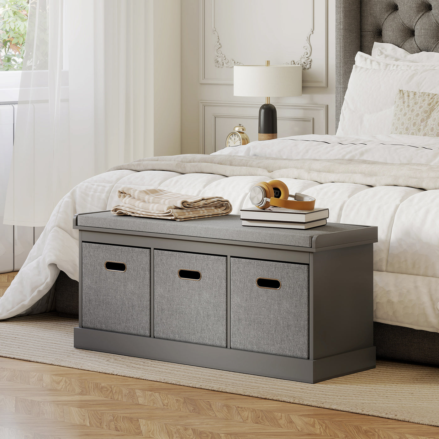 Shoe Storage Bench with Seat, Entryway Bench Seat with Cushion, 3 Fabric Drawers for Hallway, Dark Grey