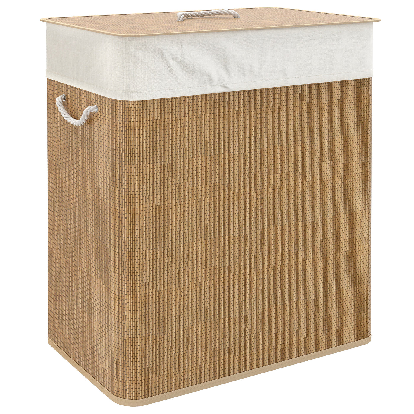 Double Laundry Basket with Lid, 100L Bamboo Laundry Hamper with Rope Handles and Removable Bags, Brown