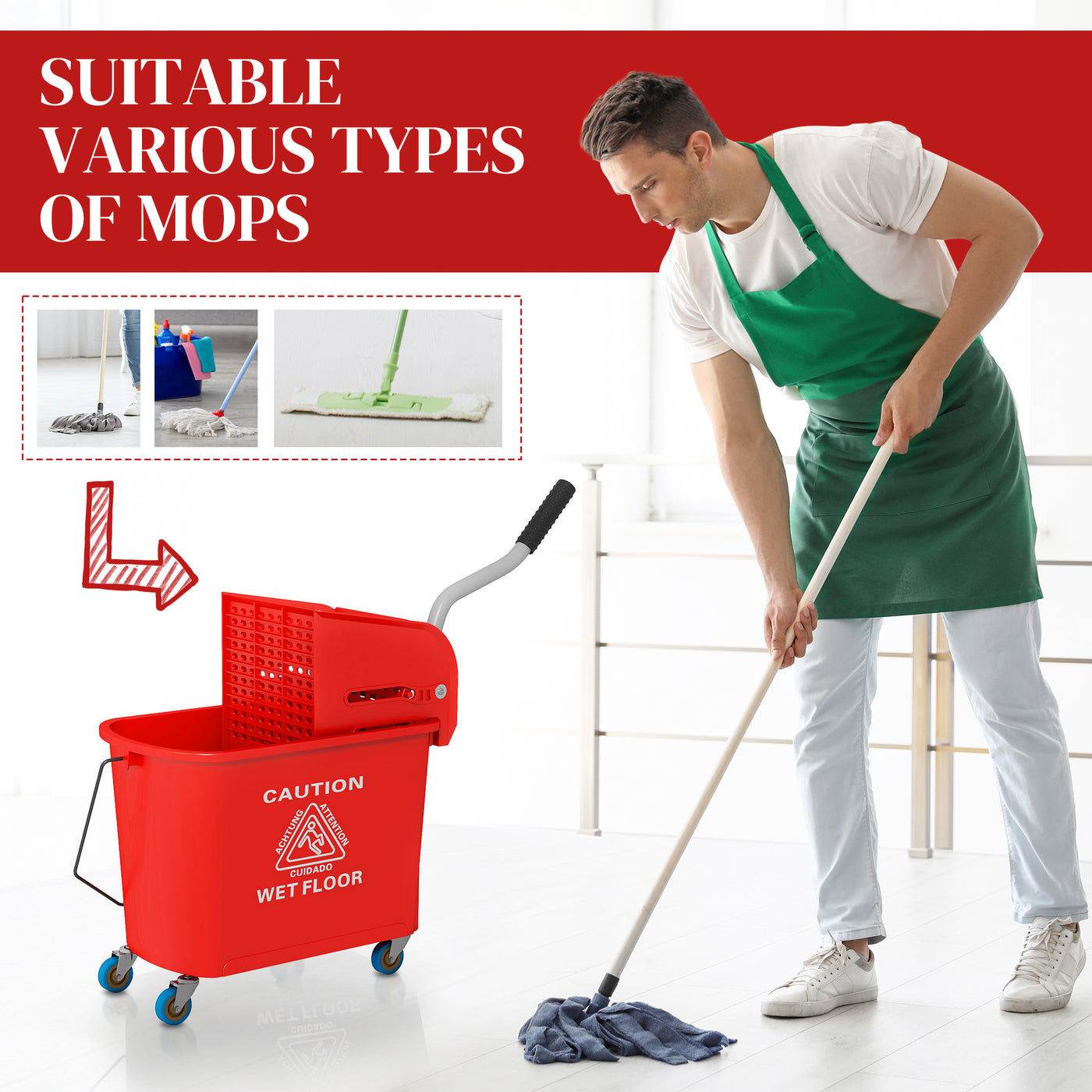 Compact Mop Bucket with Wringer, Mop Bucket on Wheels for Floor Cleaning, 5 Gallon, Separate Dirty and Clean Water, Red