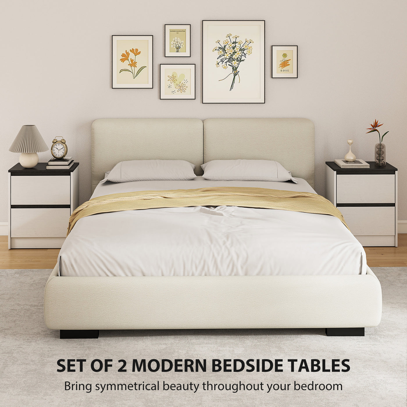 Nightstands Set of 2, Modern Bedside Tables with 2 Drawers, End Side Tables for Bedroom, White