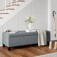 Rectangular Entry Bench, Tufted Upholstered Linen Fabric Wood Feet Storage Ottoman Bench, Grey