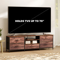 TV Stand for TVs up to 70 Inch, Industrial TV Console with Charging Station, 5 Drawers and Open Shelves, Rustic Brown
