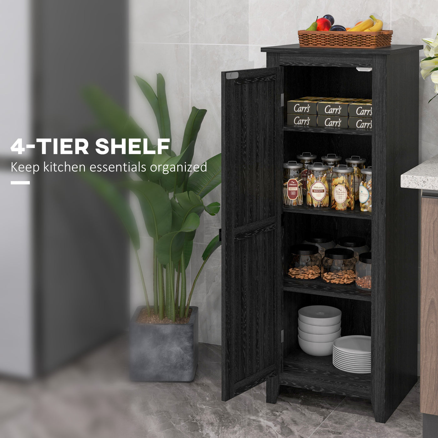 48" Farmhouse Kitchen Pantry Storage Cabinet with Barn Door, Kitchen Pantry Cabinet with Adjustable Shelves, Black