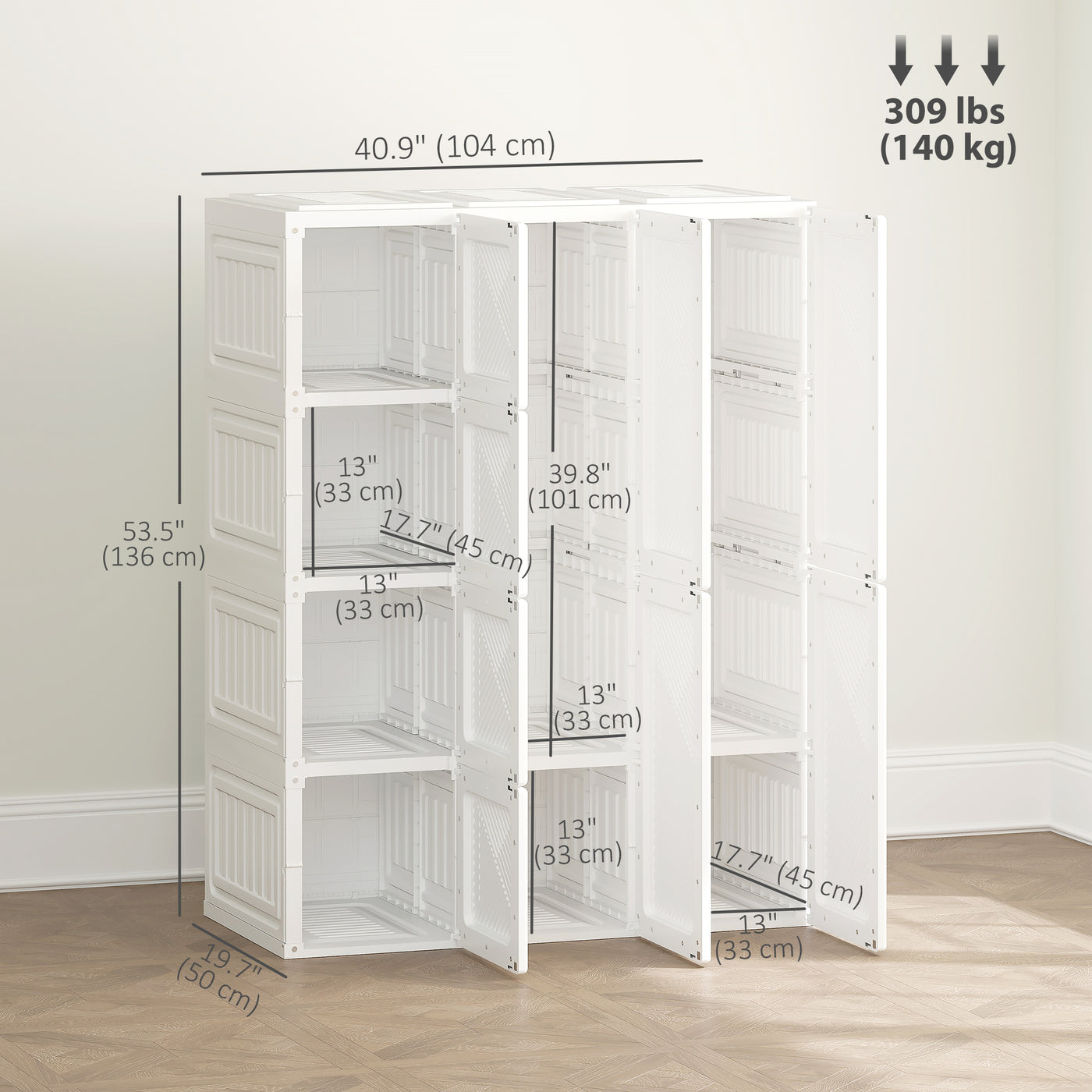 Portable Wardrobe, Foldable Plastic with 8 Compartments, 2 Hanging Rods and Magnetic Doors, White