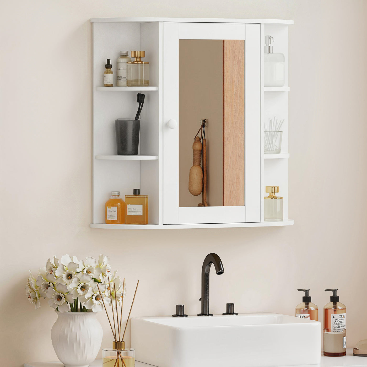 Mirrored Bathroom Wall Cabinet Wall Mounted Medicine Cabinet with Door & Shelves, White