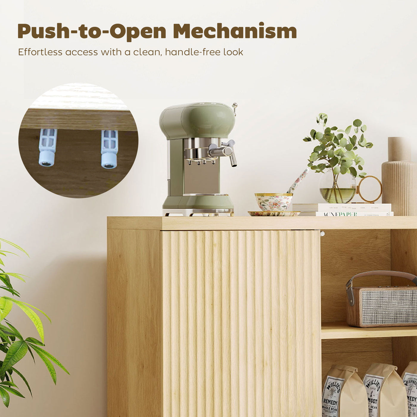 Sideboard Buffet Cabinet, 30.7" Modern Kitchen Storage Cabinet with Soft-Close Door and Adjustable Shelves, Oak