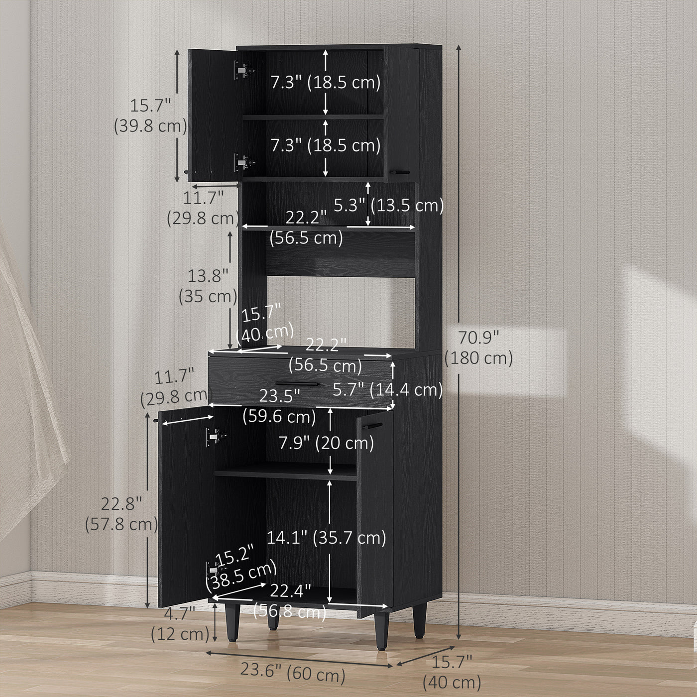 Modern Kitchen Buffet with Hutch Wooden Storage Cupboard with Microwave Counter 2 Cabinet and Drawer for Dining Room Living Room Black