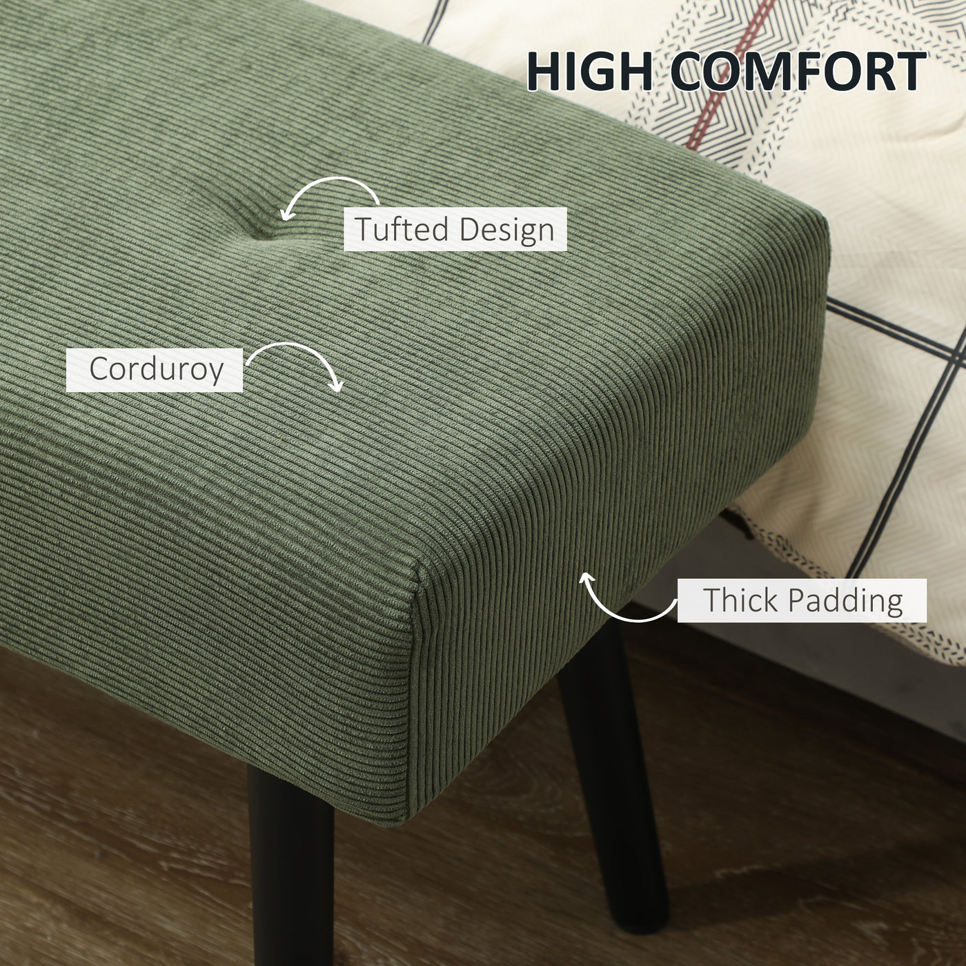 39" Upholstered Ottoman Bench, Corduroy Entryway Bedroom Bench with Padded Seat and Steel Legs for Bedroom, Green