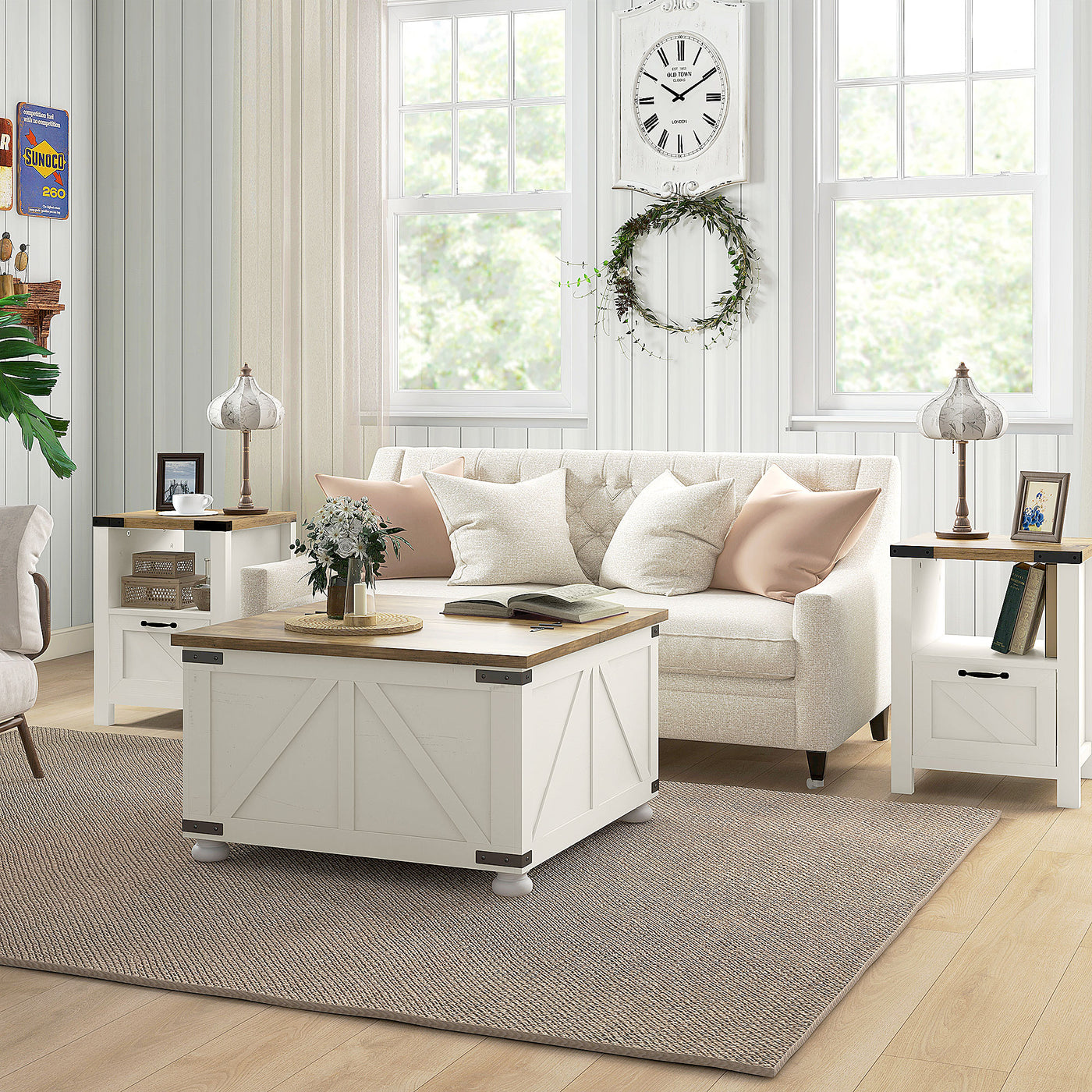 Farmhouse Coffee Table, Square Center Table with Flip-top Lids, Hidden Storage Compartment and Wooden Legs, Antique White