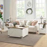Farmhouse Coffee Table, Square Center Table with Flip-top Lids, Hidden Storage Compartment and Wooden Legs, Antique White