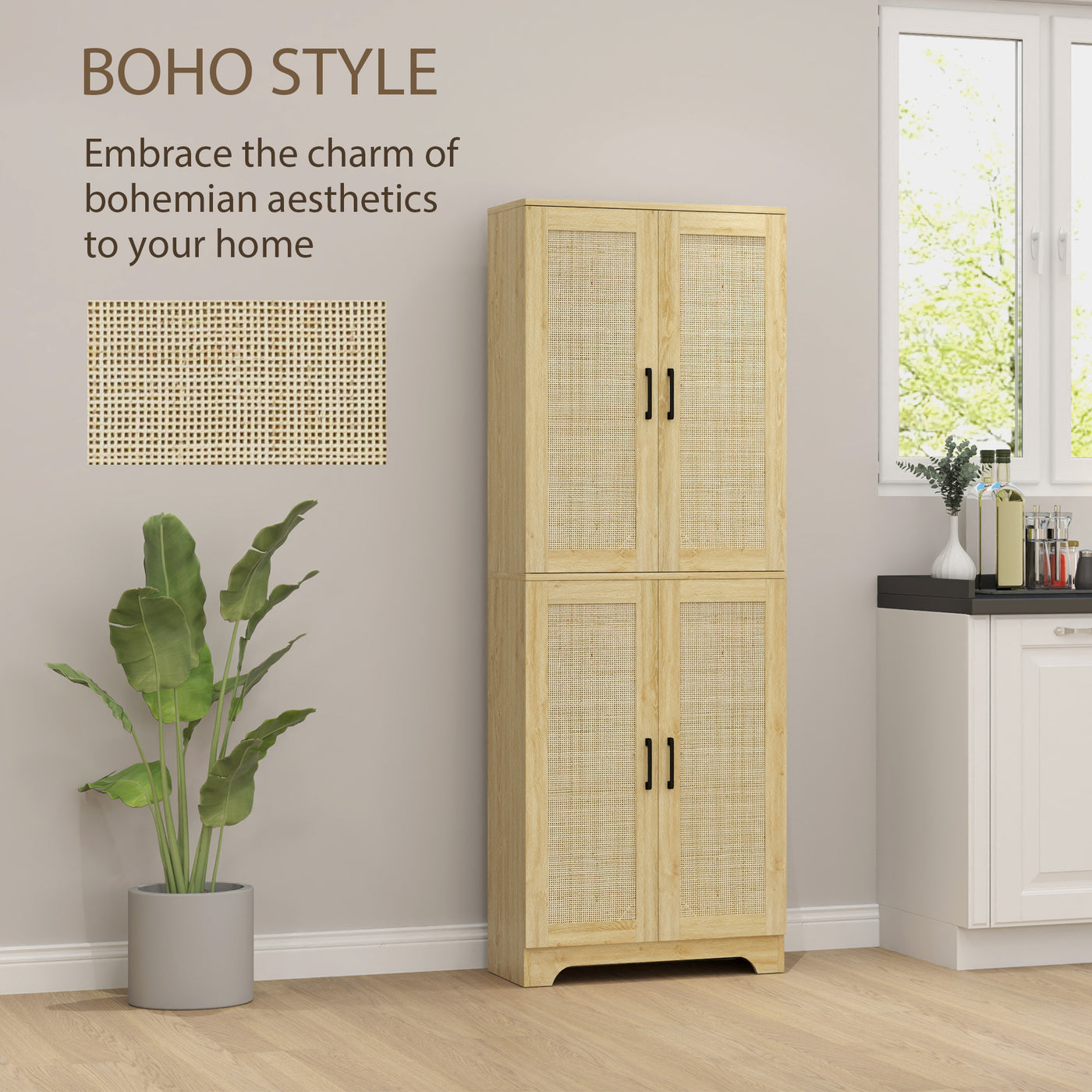 67" Tall Kitchen Pantry, Freestanding Kitchen Storage Cabinet with 4 Rattan Doors and Adjustable Shelves, Oak