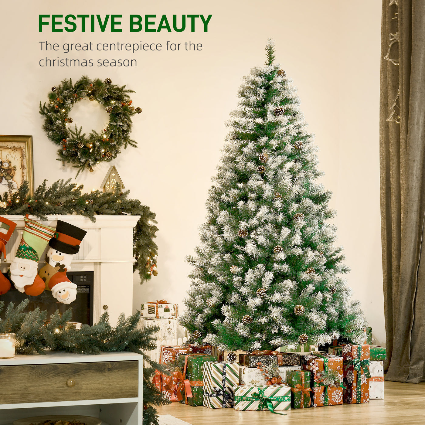 6ft Snow Flocked Artificial Christmas Tree, Unlit Full Fir Tree with Automatic Open, 800 Realistic Branches and 61 Pine Cones