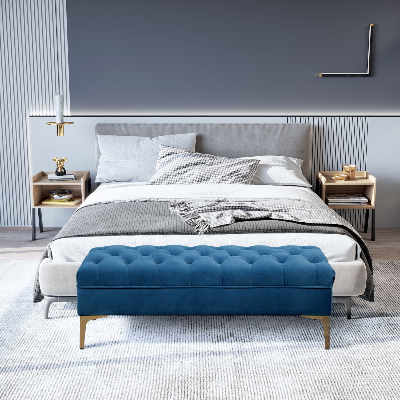End of Bed Bench, Upholstered Bench, Entryway Shoe Bench with Button Tufted for Living Room, Bedroom, Blue