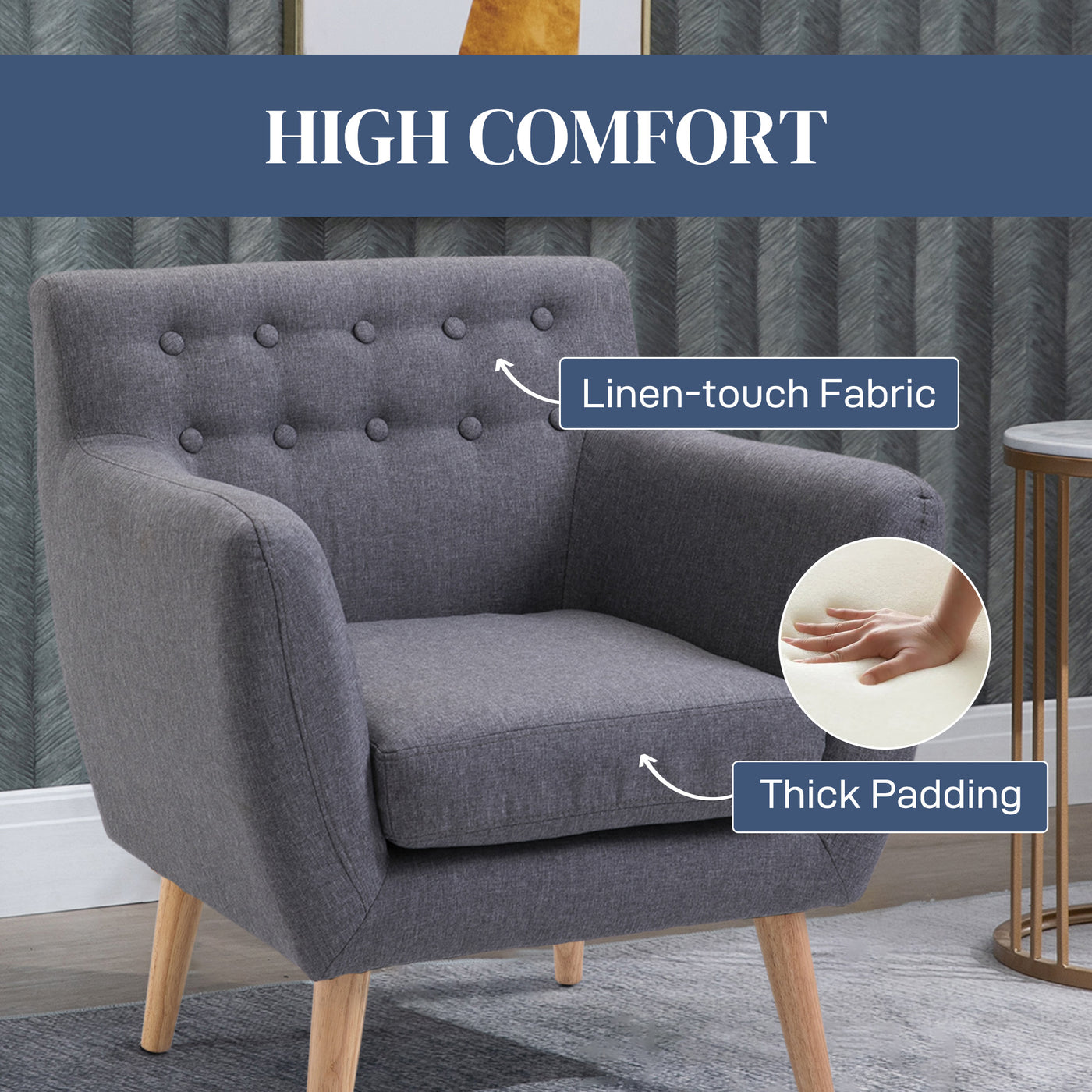 Linen Upholstery Armchair, Mid-Century Modern Accent Chair with Wood Frame and Thick Padding, Light Grey