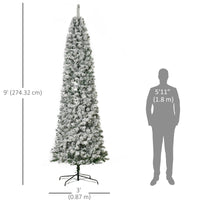 9 Feet Prelit Artificial Snow Flocked Pencil Christmas Tree, Slim Xmas Tree with Warm White LED Light, Holiday Home Xmas Decoration, Green
