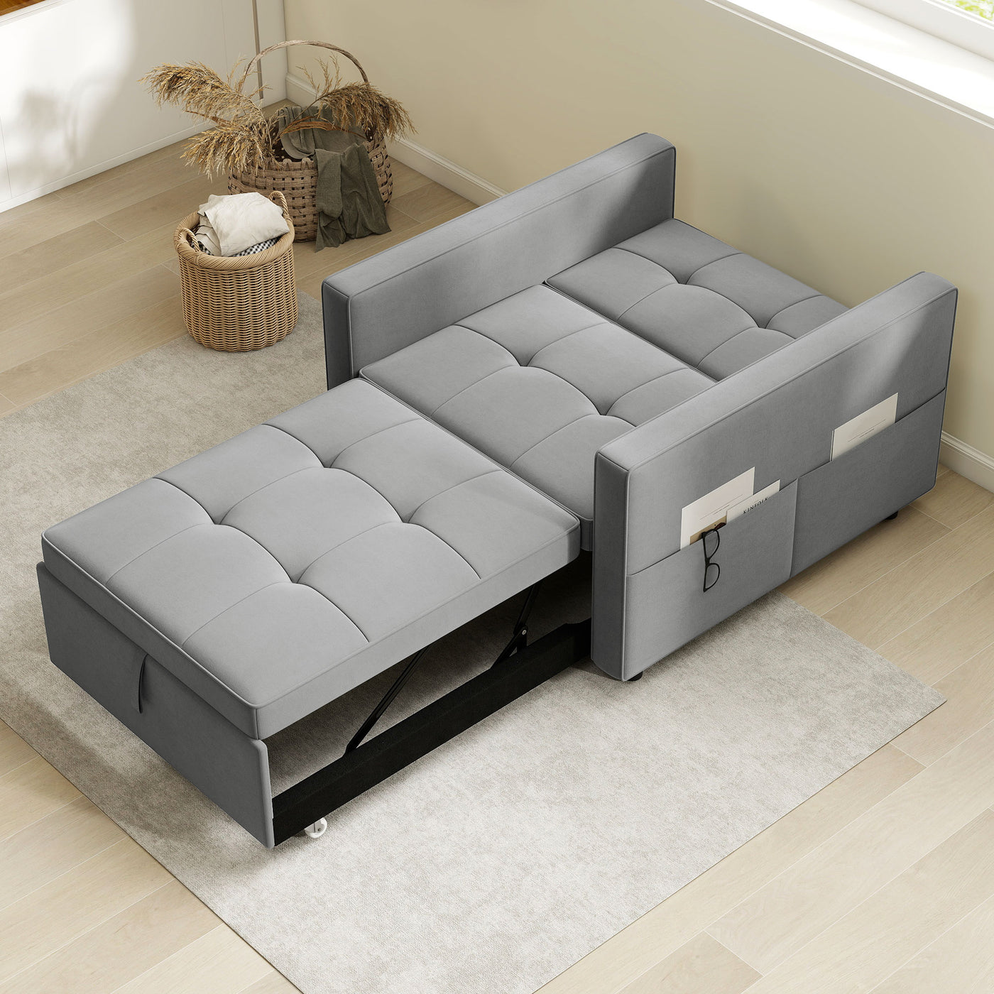 Convertible Chair Bed, Pull Out Sleeper Chair with USB, Adjustable Backrest, Small Velvet Futon Sofa Bed, Grey