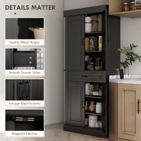 71" Freestanding Kitchen Pantry with 4 Doors and 2 Cabinets, Tall Storage Cabinet for Kitchen, Distressed Black