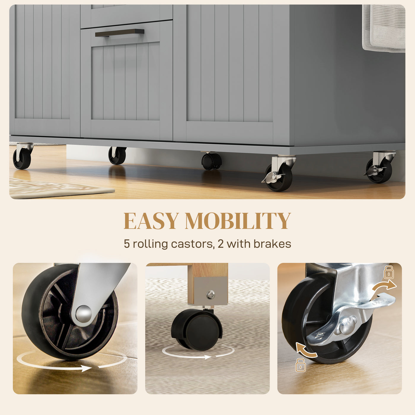 Rolling Kitchen Cart on Wheels with Drop Leaf, Kitchen Island with 3 Drawers, Solid Wood Top and Towel Rack, Grey